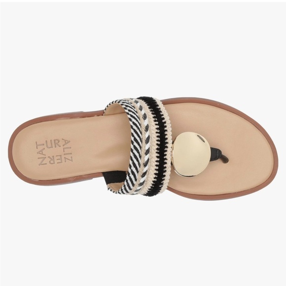 Naturalizer Frankie Black and Cream Woven Thong Sandals w/Gold Embellishment - Picture 1 of 9